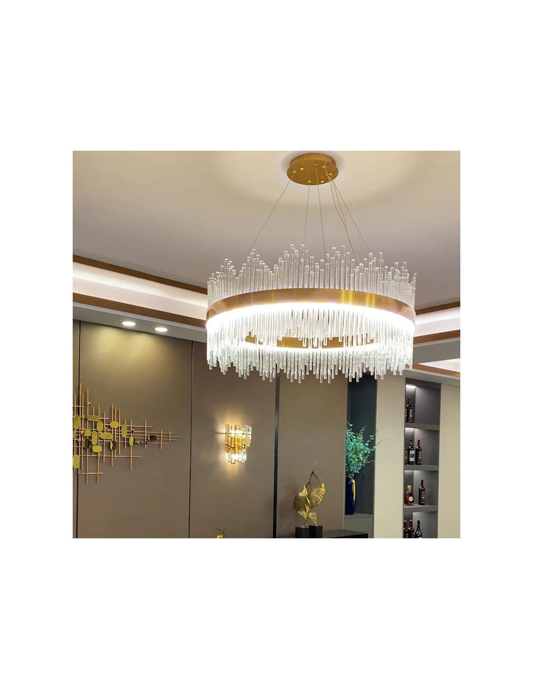 Lámpara MILDA, colgante, metal dorada, cristal, led
